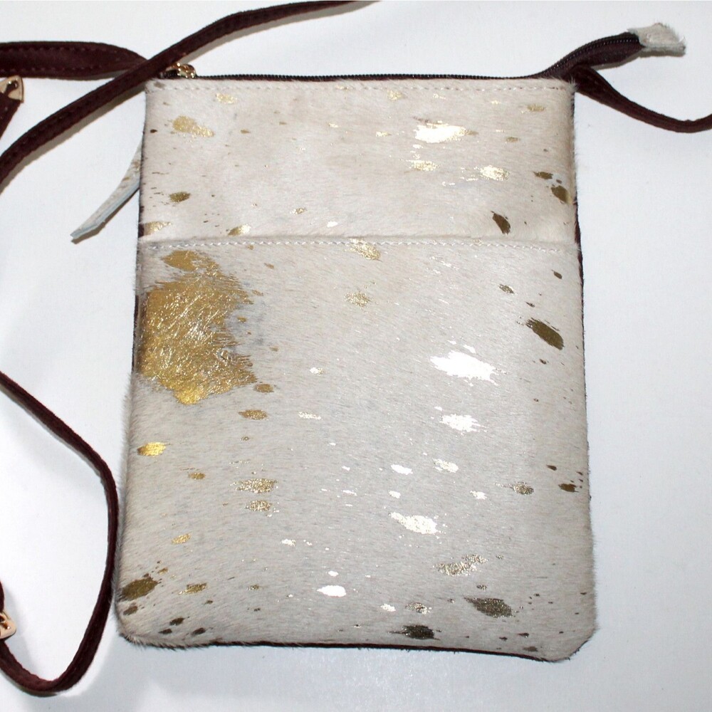 Leather Cowhide Crossbody Bag white gold hair brown suede Lord Krishna